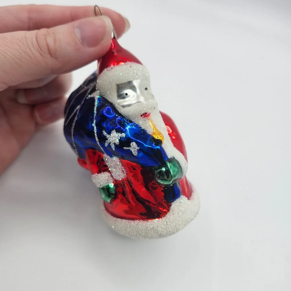 Czech Blown Glass Santa Claus‎ Ornament Red Blue Gift Sack Vintage  Holiday